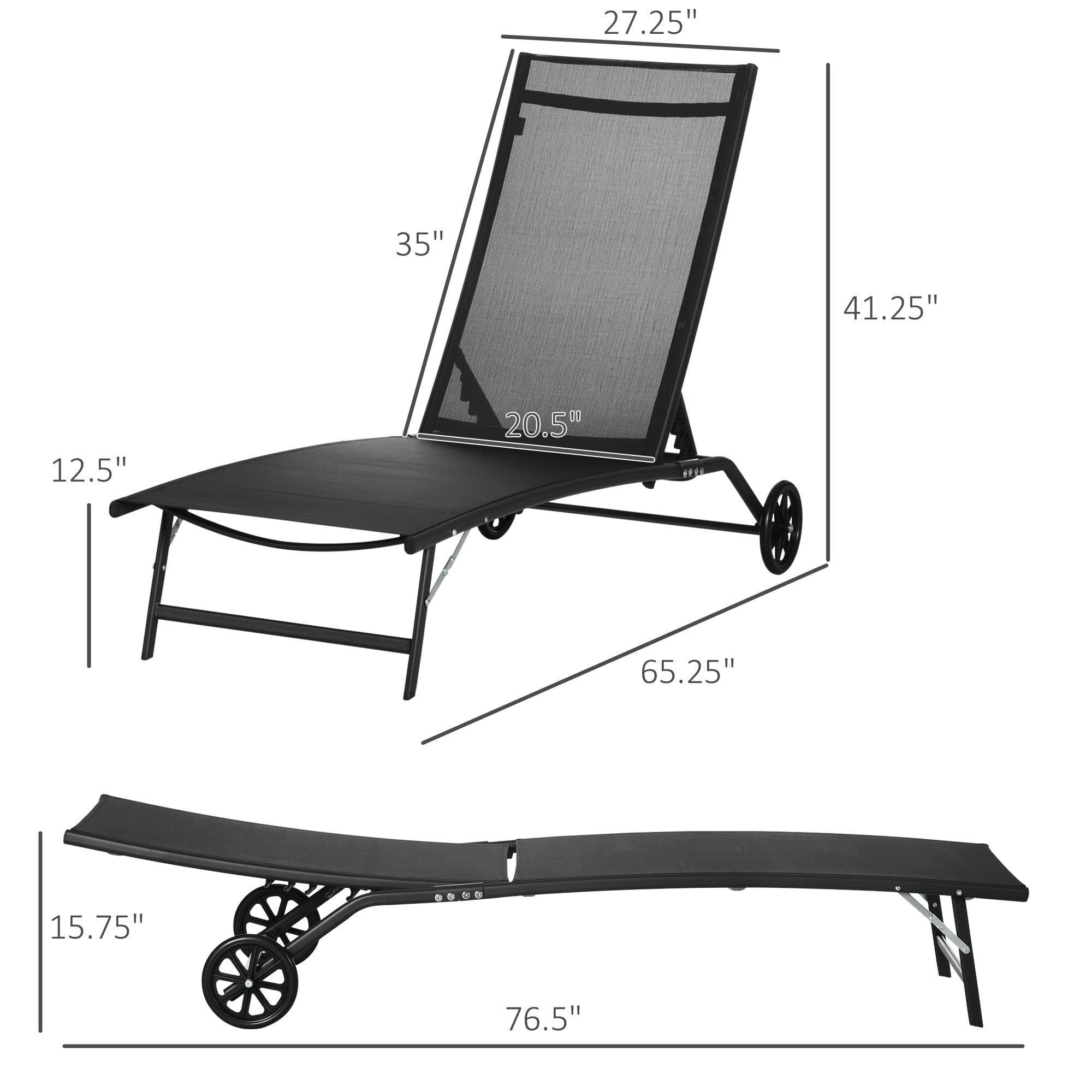 Outsunny Chaise Lounge Outdoor, 2 Piece Lounge Chair with Wheels, Tanning Chair with 5 Adjustable Positions for Patio, Beach, Yard, Pool, Black