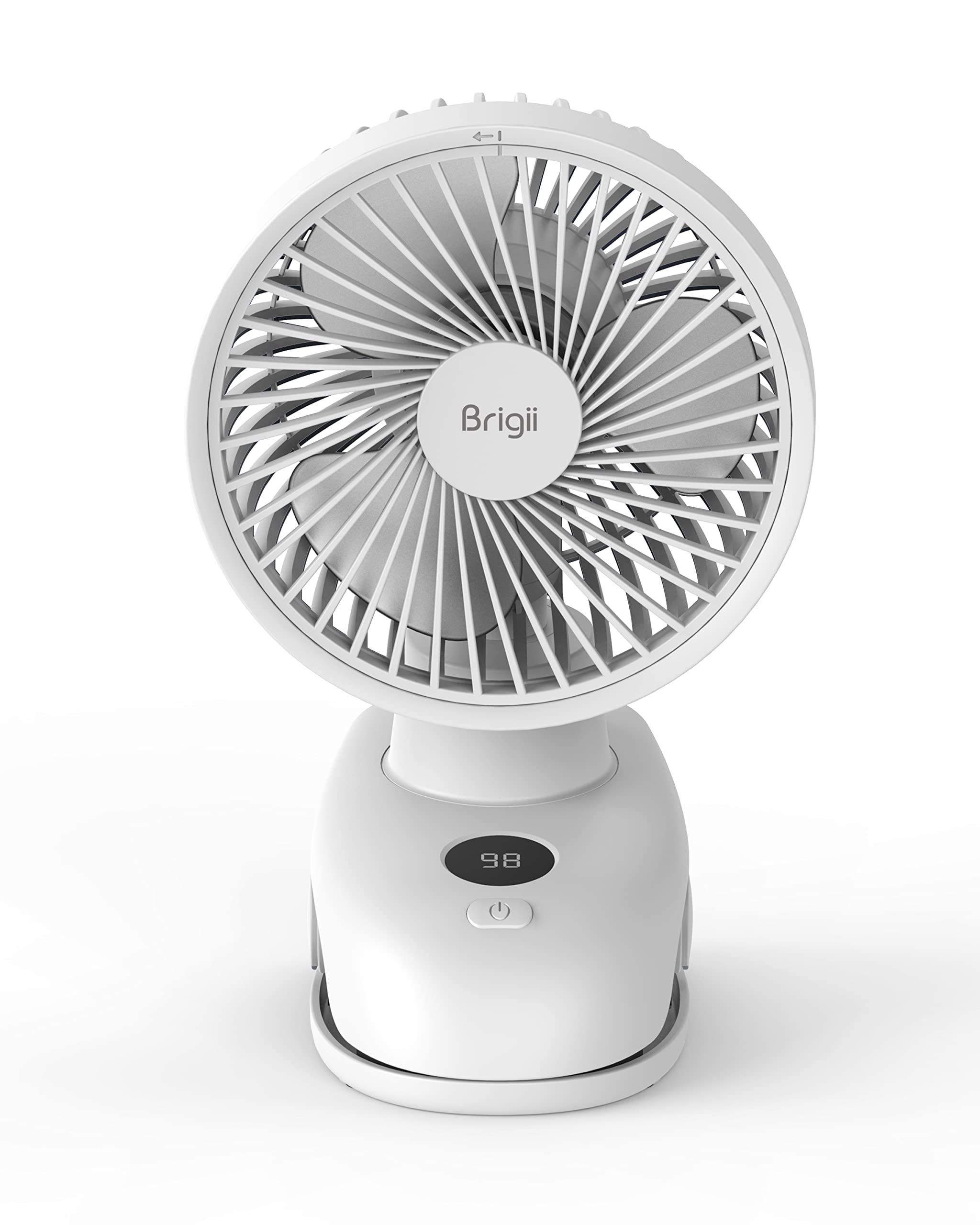 Brigii Desk&Clip Fan, Small Fan 14H Long Battery Life, Battery Level Display, 5 INCH Travel Fan, 4-Speed, Type-C Rechargeable-PF01(White)