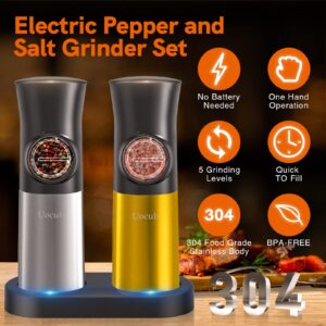 Gravity Electric Salt and Pepper Grinder Set - USB Rechargeable，Automatic Salt Pepper Mill with 5 Adjustable Coarseness, Ceramic Grinder with Bottom Cap, White LED Lights