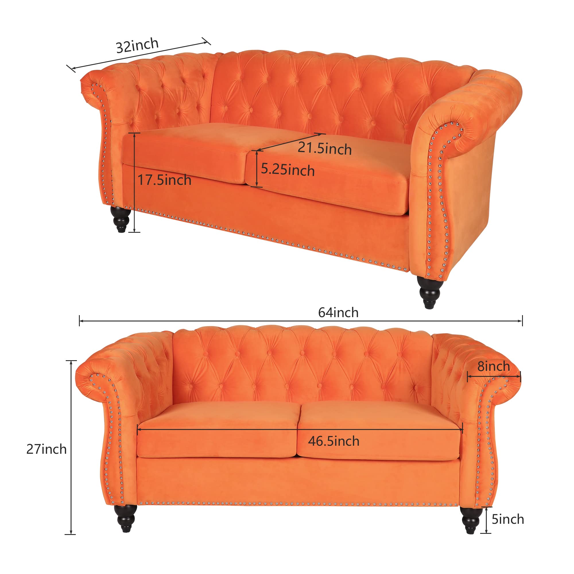 RARZOE Traditional Chesterfield Loveseat Sofa, Modern Vintage Chesterfield Button Tufted Velvet Couch with Nailhead Trim Scrolled Arms for Living Room Bedroom Office(Orange)