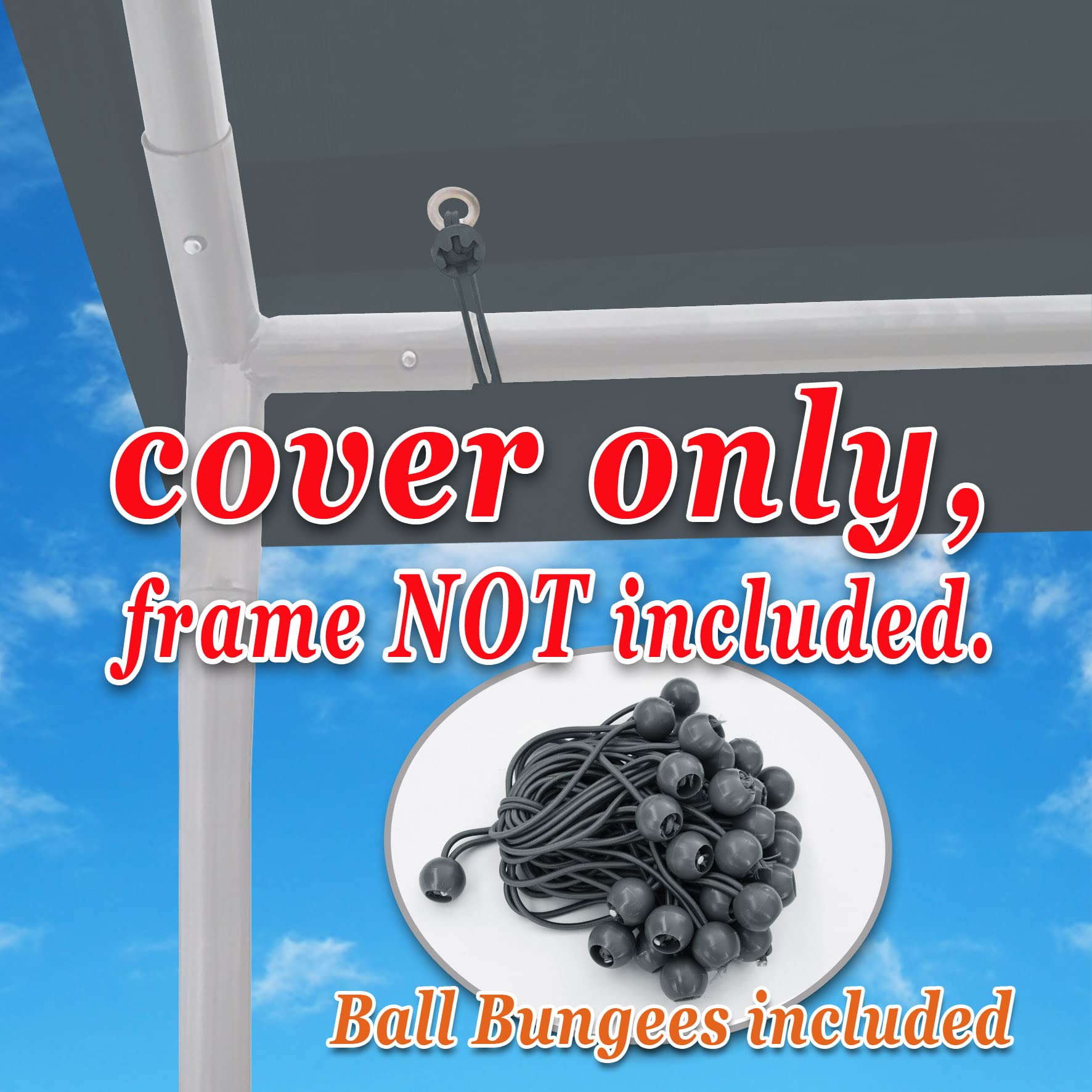 Strong Camel Carport Replacement Canopy Cover 10' x 20' PE Fabric for Tent Car Garage Shelter Top Tarp Cover with Ball Bungees Grey Color (Only Top Cover, Frame is not Included)