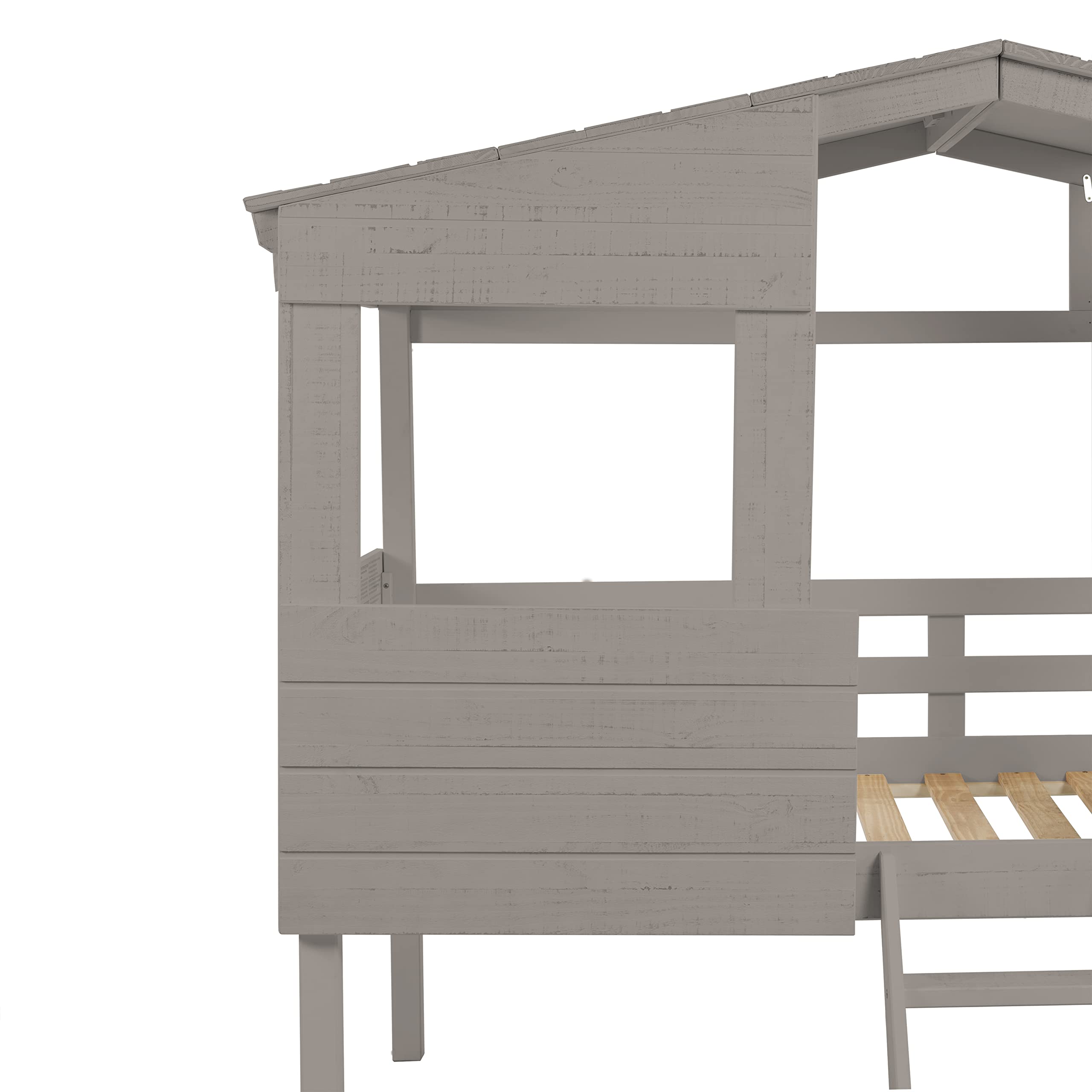 Naomi Home Susie Full Size House Bed for Kids - Cabana Style Solid Pine Wood Bed with Front Windows & Roof, Full Size Loft Bed for Kids with Guard Rails, Perfect for Girls/Boys, Light Gray