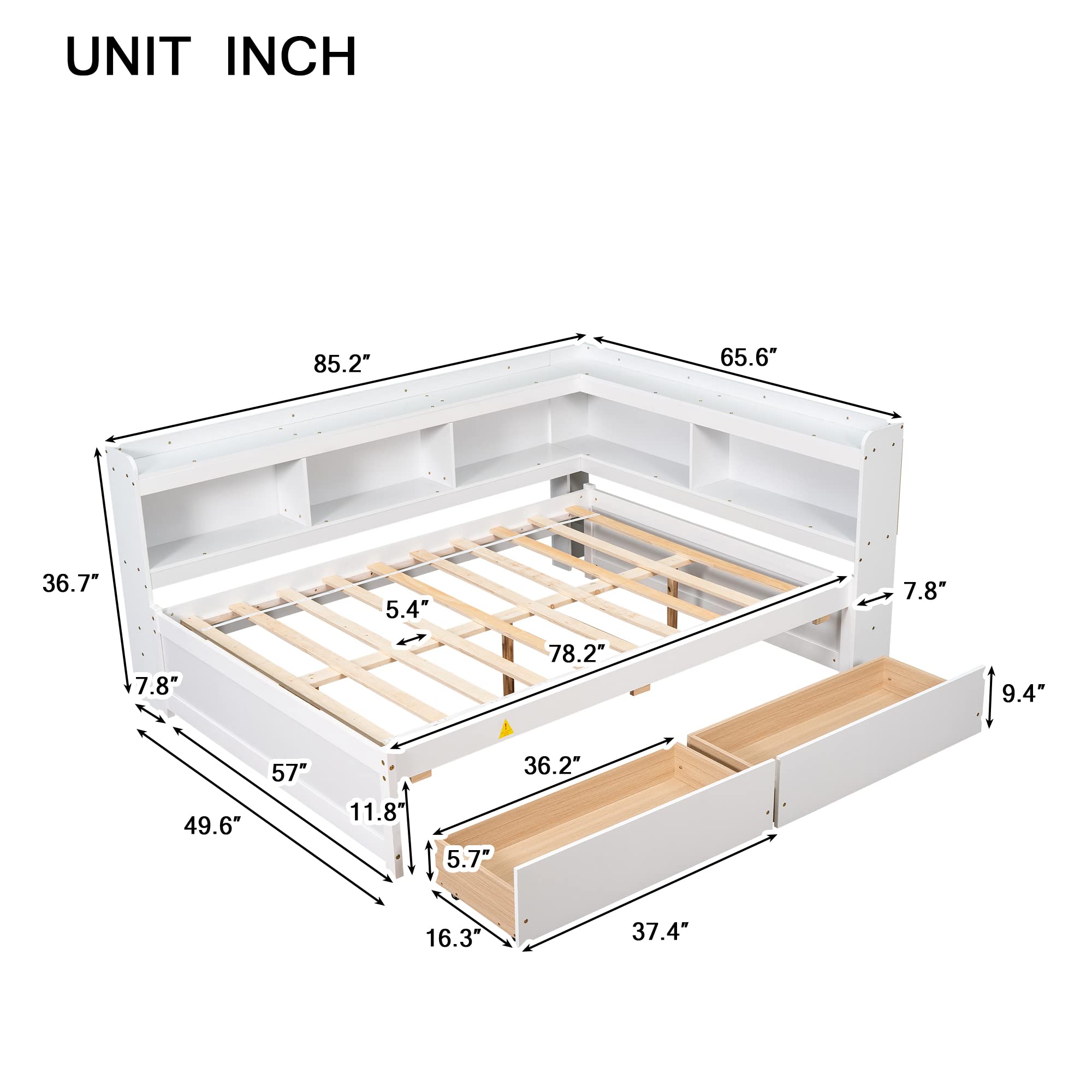 JIVOIT Full Size Captain Platform Bed with L-Shaped Bookcases and Two Storage Drawers, Solid Wood Platform Bed Frame with Wood Slats Support for Kids Teens Adults