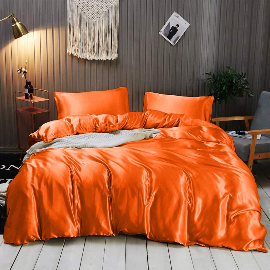 Rico Bedding 7 Pc Silk Satin Sheets| Silk Satin Duvet Cover| Silk Flat Sheet & Deep Pocket Fitted Sheet Set| Silky Smooth Pillowcases| Comfy & Luxurious Sheets Set|(Orange/California King)