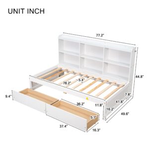 Twin Bed with Storage Bookcase and Drawers Wood Platform Bed with Sideboard Twin Size Daybed Frame for Youths Teens Boys Girls Kids, White