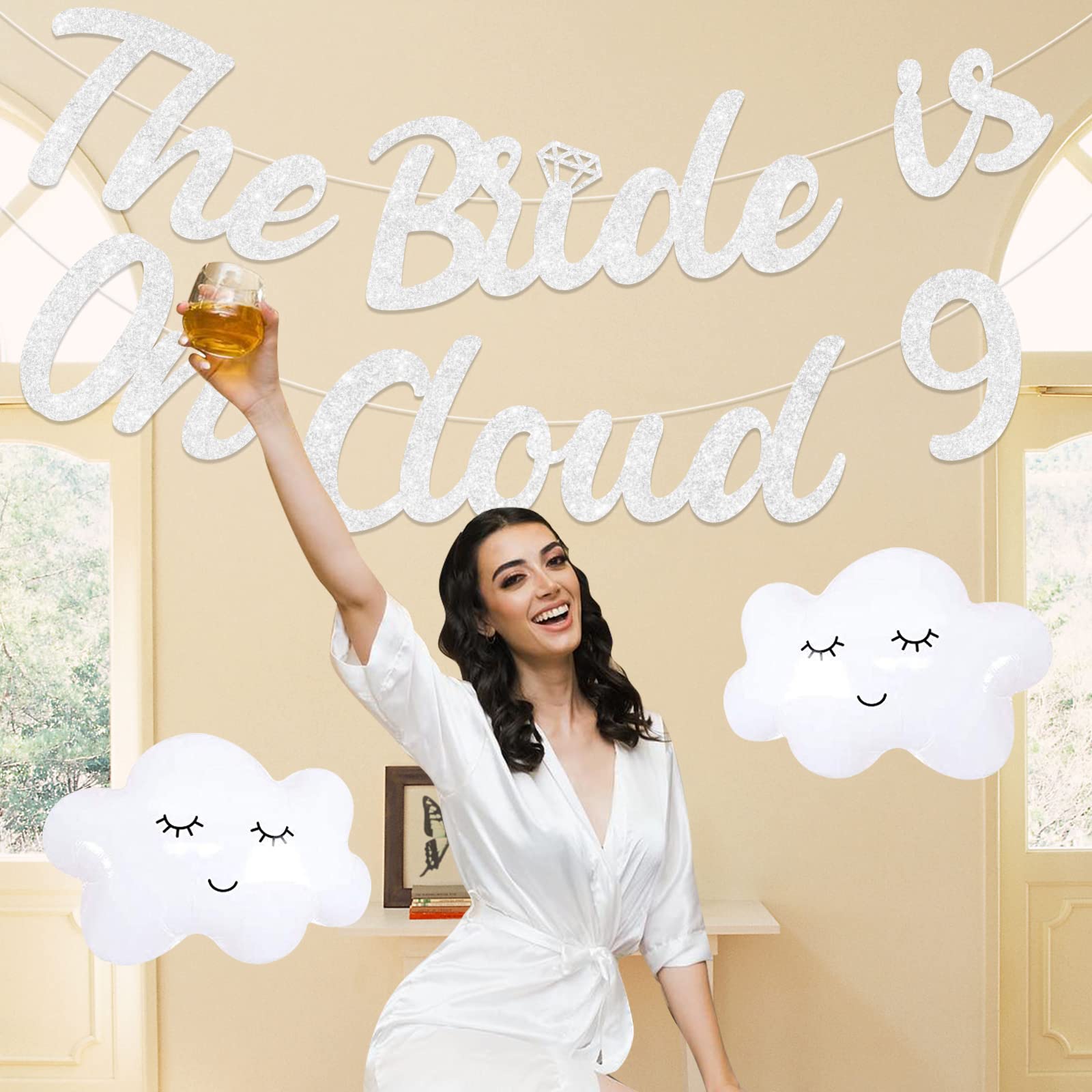 Bride On Cloud 9 Decorations - On Cloud 9 Banner Silver, Bachelorette Party Decor Glitter Banner for Engagement Wedding Decorations