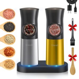 gravity electric salt and pepper grinder set - usb rechargeable，automatic salt pepper mill with 5 adjustable coarseness, ceramic grinder with bottom cap, white led lights