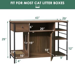 Lovinouse 6 in 1 Cat Litter Box Enclosure Furniture with Litter Catcher, Wooden Cat Washroom with Drawer and Shelves, Hidden Litter Box Cat Cabinet, Side Table for Living Room, Bedroom