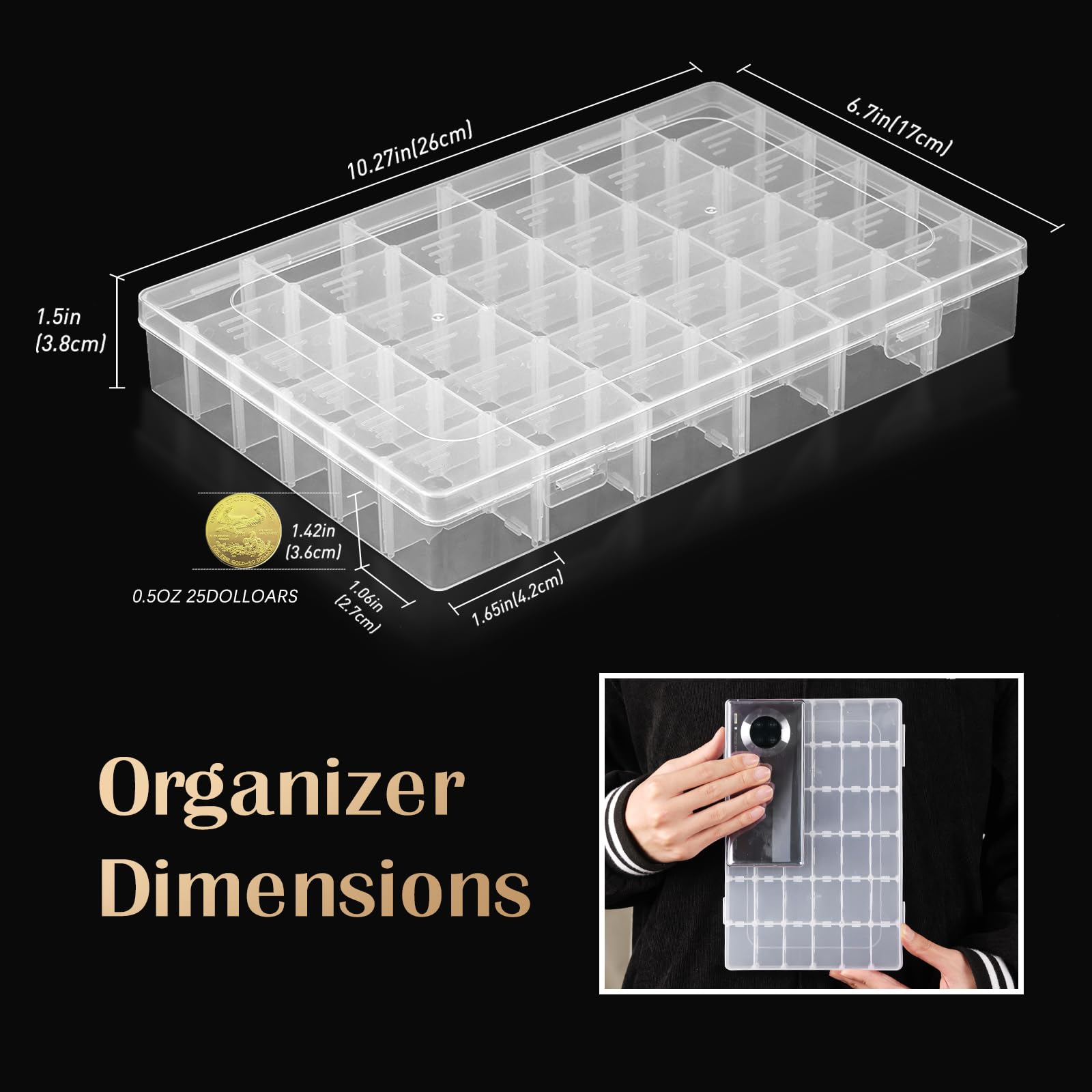 QUEFE 1 Pack 36 Grids Clear Plastic Organizer Storage Box Container, Craft Storage with Adjustable Dividers for Beads, Art DIY, Crafts, Jewelry, Fishing Tackle with Label Stickers