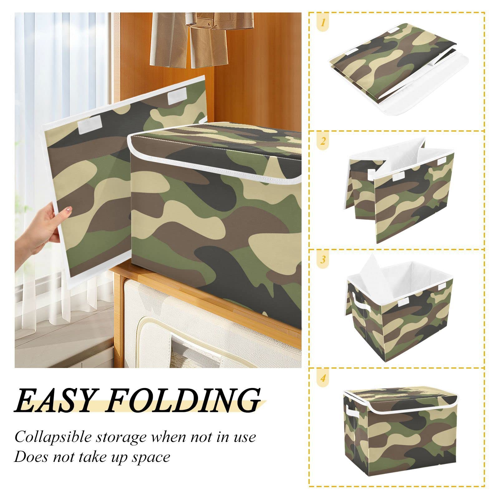 SUABO Military Camouflage Camo Storage Bin with Lid Large Oxford Cloth Storage Boxes Foldable Home Cube Baskets Closet Organizers for Nursery Bedroom Office