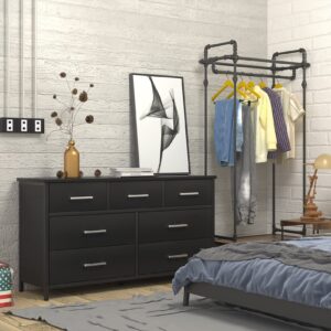 IKENO 7 Drawer Dresser, Industrial Wood Storage Dressers & Chests of Drawers with Sturdy Steel Frame, Storage Dresser for Bedroom Wood