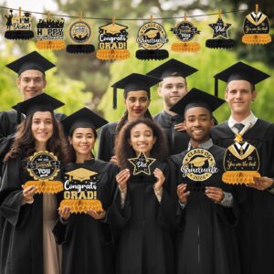 8 Pieces Class of 2024 Graduation Table Decorations - 2024 Congrats Grad Honeycomb Centerpieces, Graduation Table Toppers Decor for 2024 Graduation Party Decorations Favor Supplies (Black and Gold)