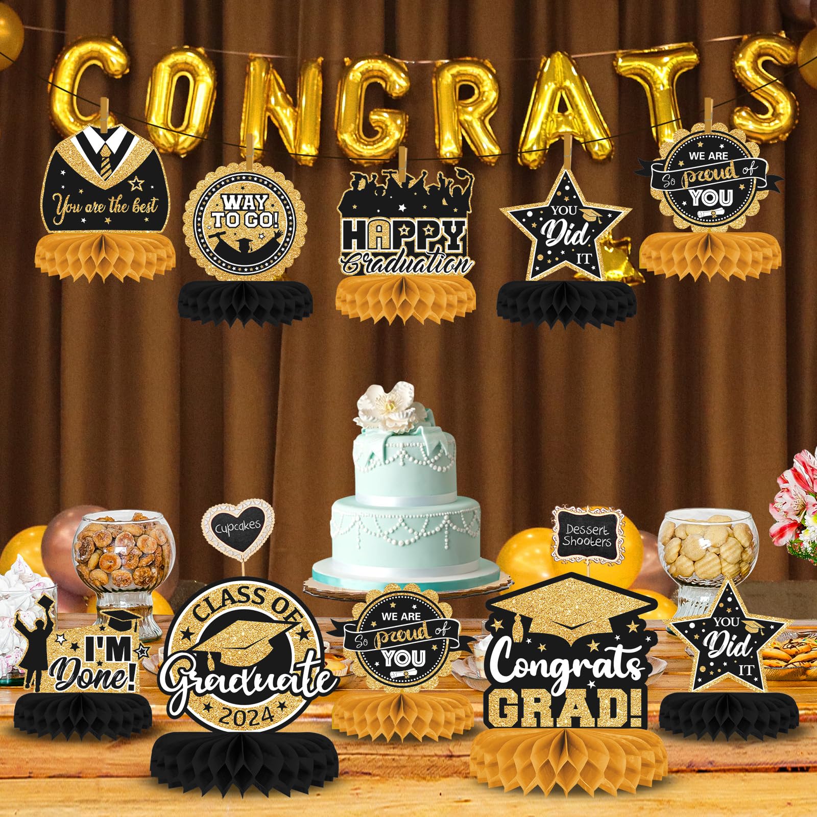 8 Pieces Class of 2024 Graduation Table Decorations - 2024 Congrats Grad Honeycomb Centerpieces, Graduation Table Toppers Decor for 2024 Graduation Party Decorations Favor Supplies (Black and Gold)