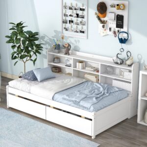 Twin Bed with Storage Bookcase and Drawers Wood Platform Bed with Sideboard Twin Size Daybed Frame for Youths Teens Boys Girls Kids, White