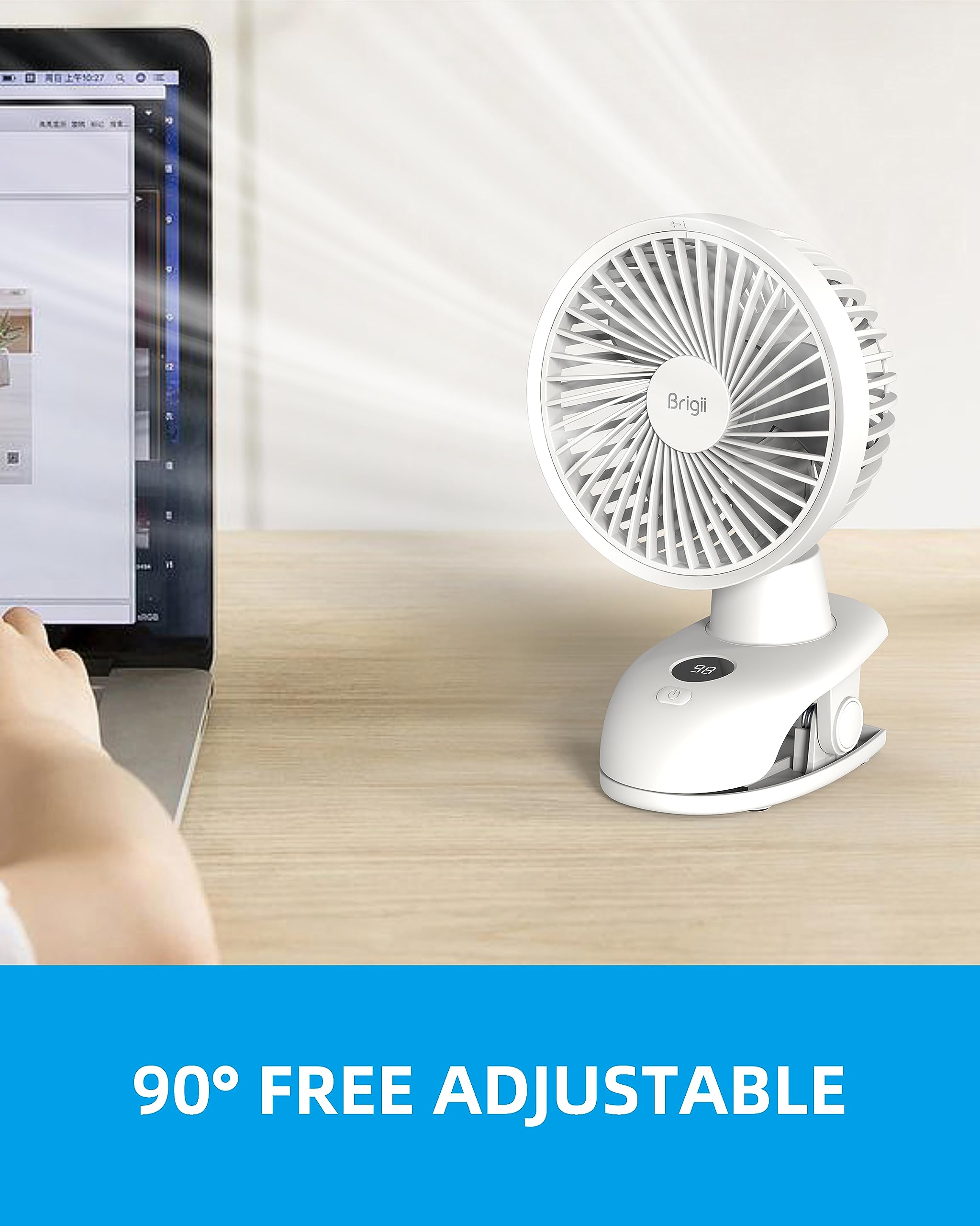 Brigii Desk&Clip Fan, Small Fan 14H Long Battery Life, Battery Level Display, 5 INCH Travel Fan, 4-Speed, Type-C Rechargeable-PF01(White)