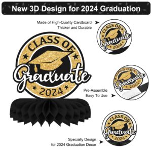 8 Pieces Class of 2024 Graduation Table Decorations - 2024 Congrats Grad Honeycomb Centerpieces, Graduation Table Toppers Decor for 2024 Graduation Party Decorations Favor Supplies (Black and Gold)