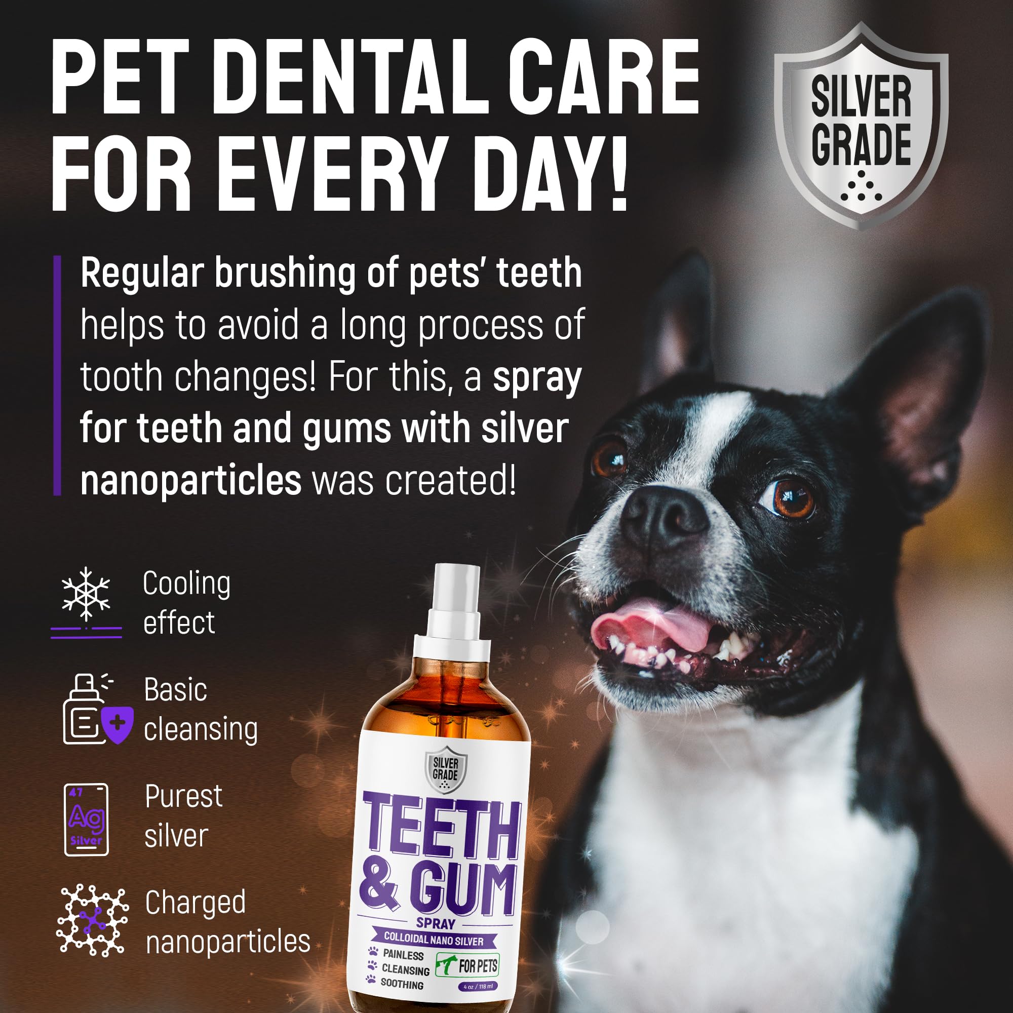 SILVER GRADE Teeth & Gum Spray for Dogs and Cats ● Dental Formula for Dog Mouth Rinse & Cat Mouth Care ● Cat & Dog Fresh Breath, Clean Teeth, No Pain Or Burning ● Dog Plaque and Tartar Remover (4 Oz)