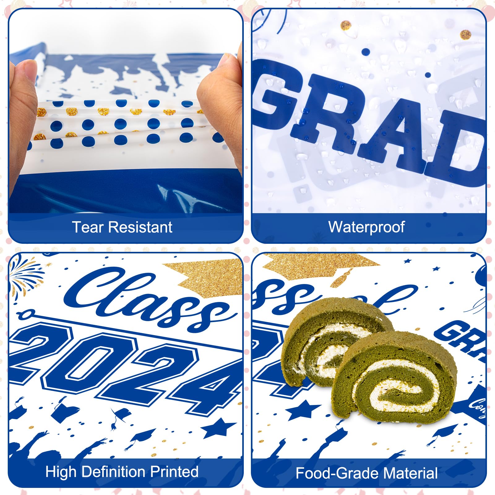 Graduation Decorations Class of 2024 Tablecloth - 3 Pcs Plastic Congrats Grad Table Cloth, Graduation Table Cover for Graduation Party Decorations 2024 and Party Supplies, 54"x108" (Blue and Gold)