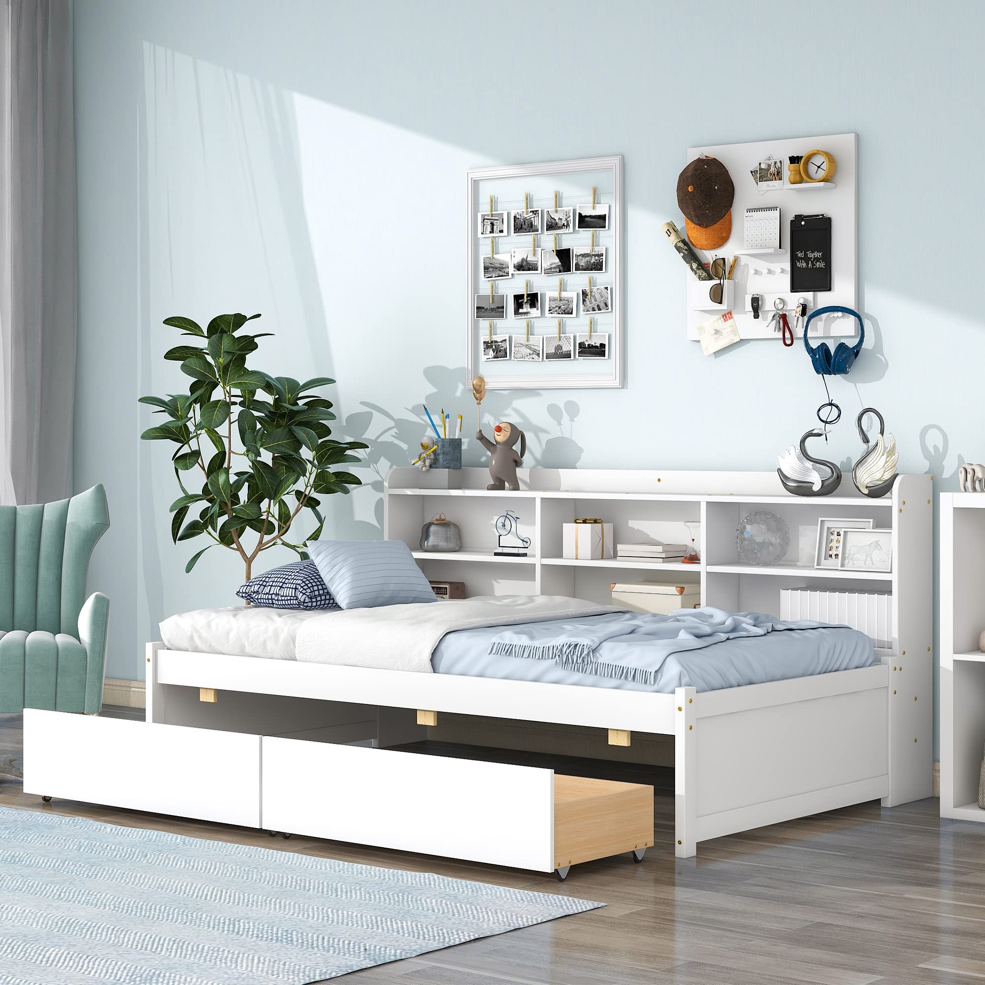 Twin Bed with Storage Bookcase and Drawers Wood Platform Bed with Sideboard Twin Size Daybed Frame for Youths Teens Boys Girls Kids, White