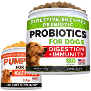 dog probiotics + pumpkin for dogs bundle - allergy, gas, diarrhea + constipation, food sensitivity,scoot - digestive enzymes + prebiotics + pure pumpkin powder - immunity - 180ct + 8.1oz - made in usa