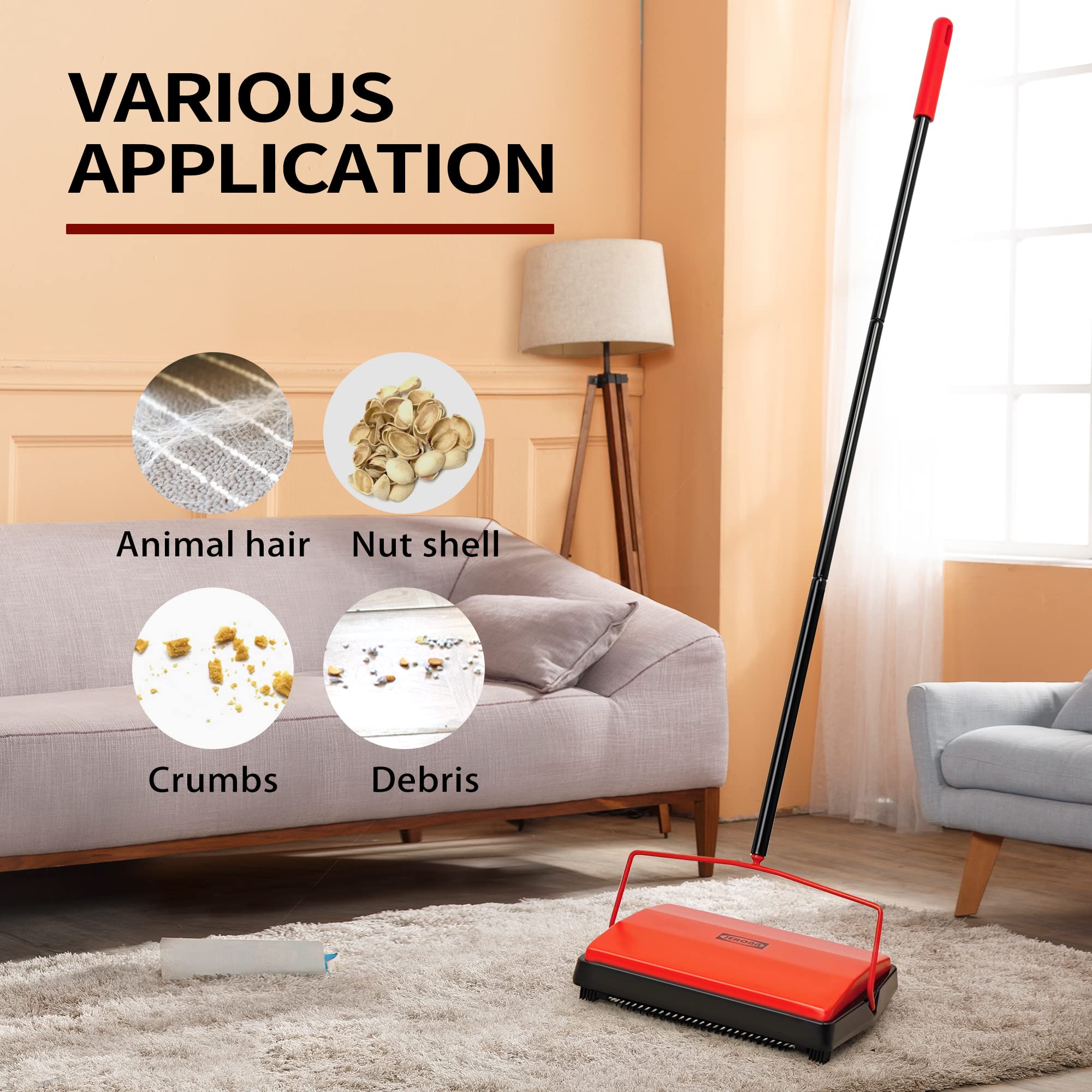 JEHONN Carpet Floor Sweeper Manual with Horsehair, Tub Tile Scrub Brush 3 in 1 Shower Brush