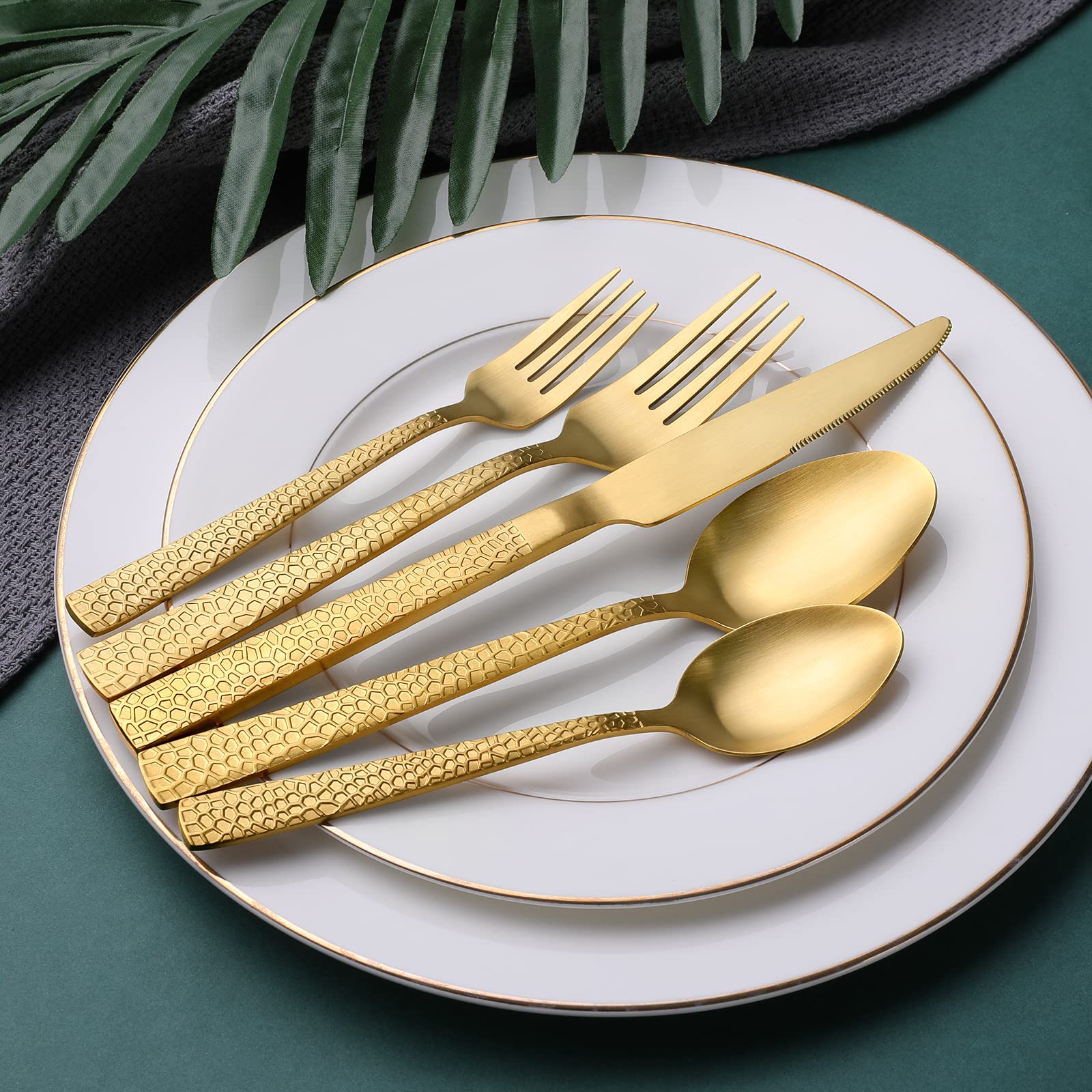 Hammered Gold Silverware Set, OGORI 30-Piece Food Grade Stainless Steel Matte Gold Flatware Set with Square Handle, Service for 6, Tableware Cutlery Set for Home and Restaurant, Dishwasher Safe