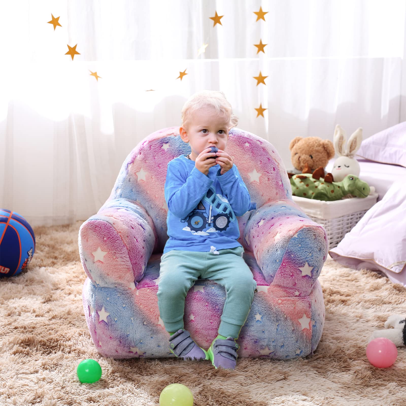 fond + found Toddler Chair, Glow in The Dark Kids Sofa Bean Bag Chair for Kids Children Couch Toddler Sofa Chair Mini Sofa Armrest Chair for Children, Lightweight Children Sofa Chair (Rainbow Pink)