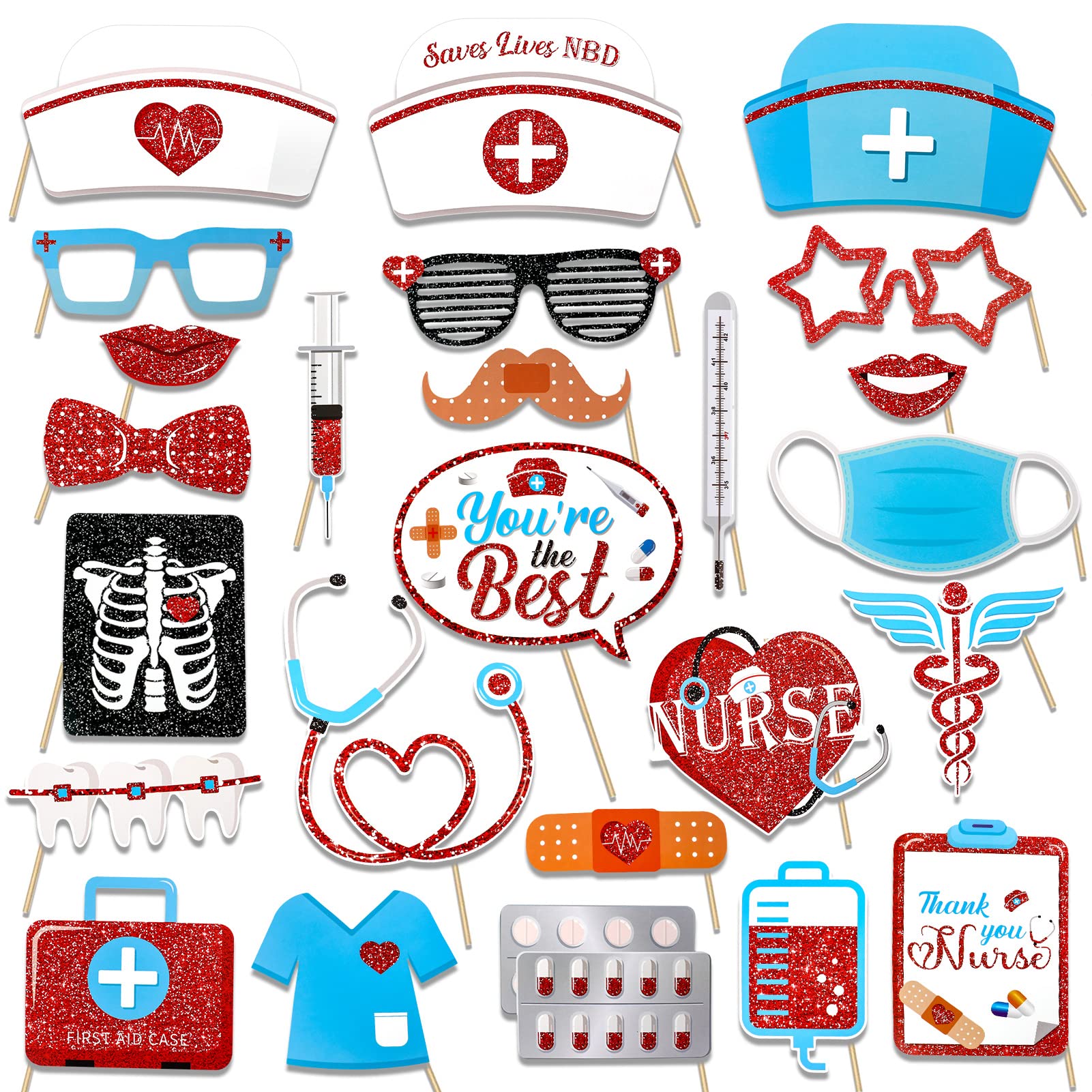 HOWAF 25pcs Thank You Nurses Photo Booth Props, Nurse Appreciation Week Party Supplies Selfie Props, Nurse Themed Photo Booth Props for Happy International Day Party Decorations Supplies