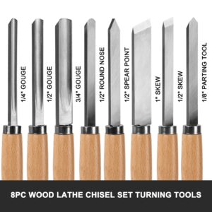 HAUTMEC Professional Wood Turning Chisel 8 pcs Set, Lathe Chisel Set with 2 Skew 1 Spear Point 1 Parting 1 Round Nose & 3 Gouge Tools for Beginners, Hobbyists and Professionals HT0237-WW