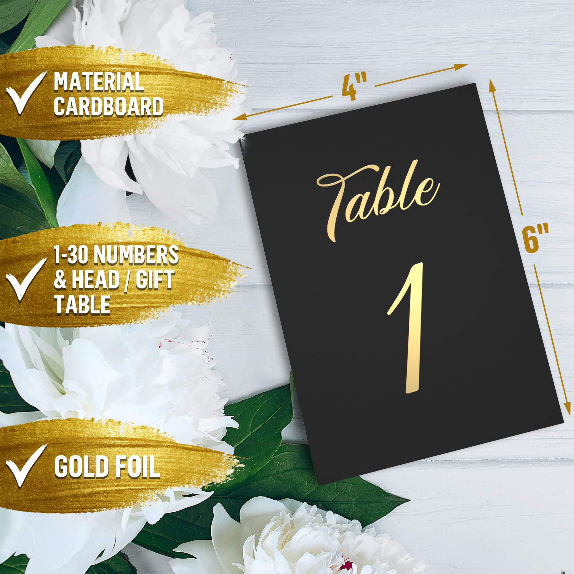 Black Wedding Table Numbers 1-30 with Gold Foil Letters - Table Number Cards 4x6 with Head & Gift Table - Wedding Numbers for Tables Card Stock Wedding Table Numbers for Tables - Wedding Reception