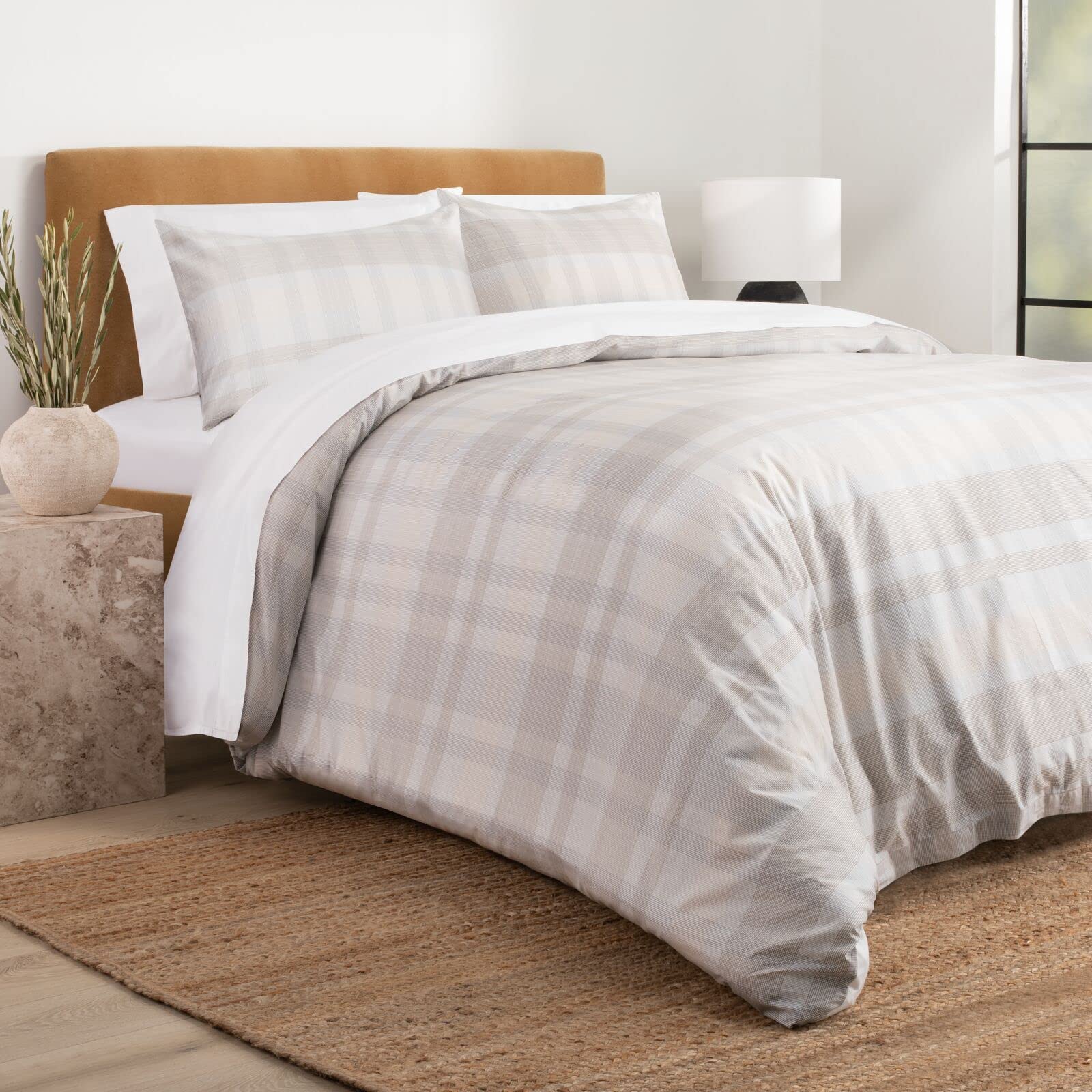 Nate Home by Nate Berkus 250TC Glen Plaid Duvet Cover Set | All-Season Cotton - Full/Queen Size - from mDesign - 3 Piece - Includes 1 Duvet Cover, 2 Pillow Shams, Pearl Multi (Cream/Beige)