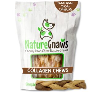 nature gnaws braided collagen sticks for dogs 6" (5 count) - long lasting for aggressive chewers and large dogs - natural beef hide dog chew bones