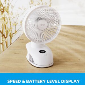 Brigii Desk&Clip Fan, Small Fan 14H Long Battery Life, Battery Level Display, 5 INCH Travel Fan, 4-Speed, Type-C Rechargeable-PF01(White)