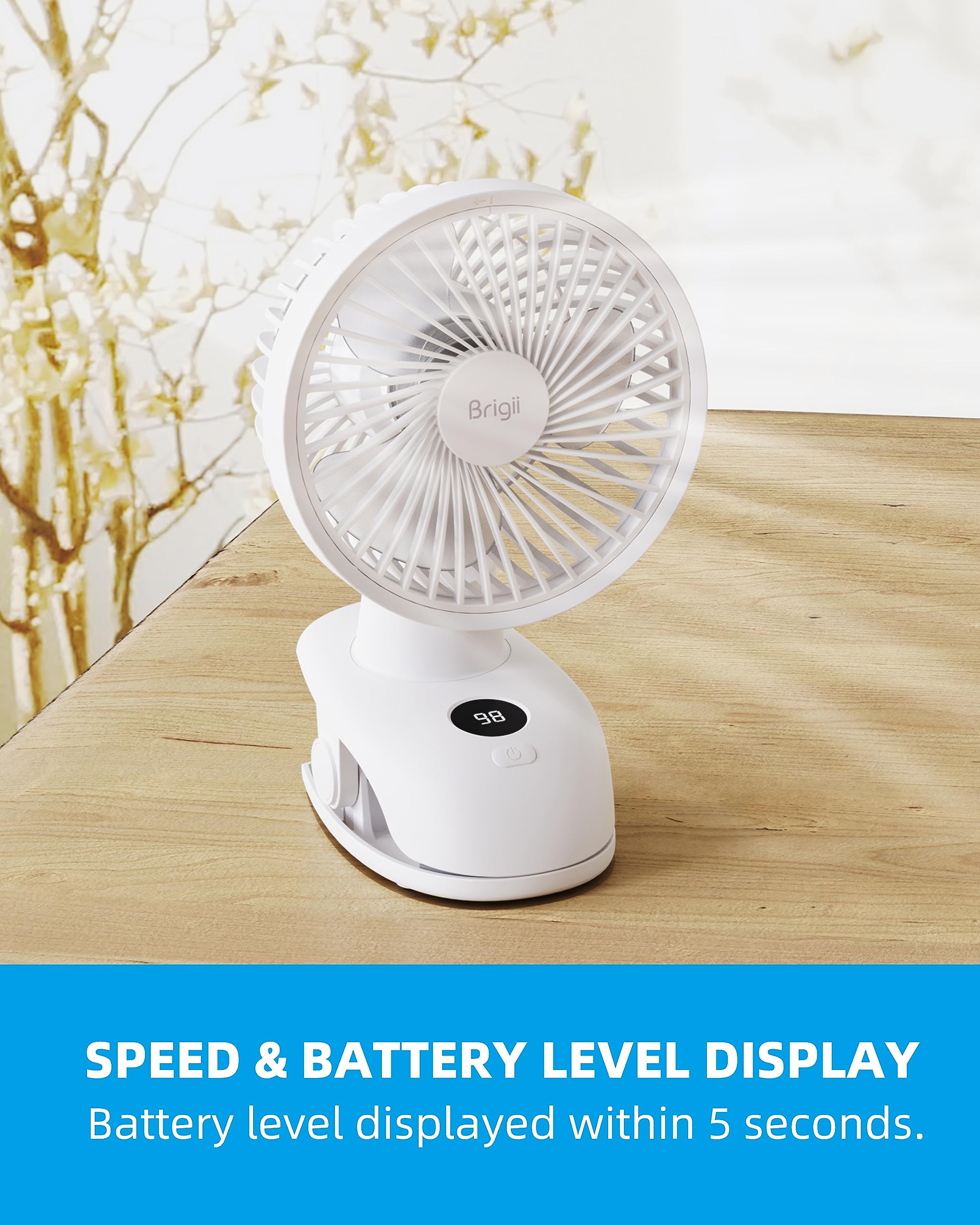 Brigii Desk&Clip Fan, Small Fan 14H Long Battery Life, Battery Level Display, 5 INCH Travel Fan, 4-Speed, Type-C Rechargeable-PF01(White)