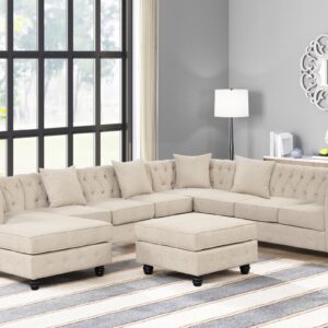 Morden Fort Chesterfield Modular Convertible Sectional U-Shape Polyester Fabric Sofa with Chaise Accent Tufted Couch for Living Room Furniture Set