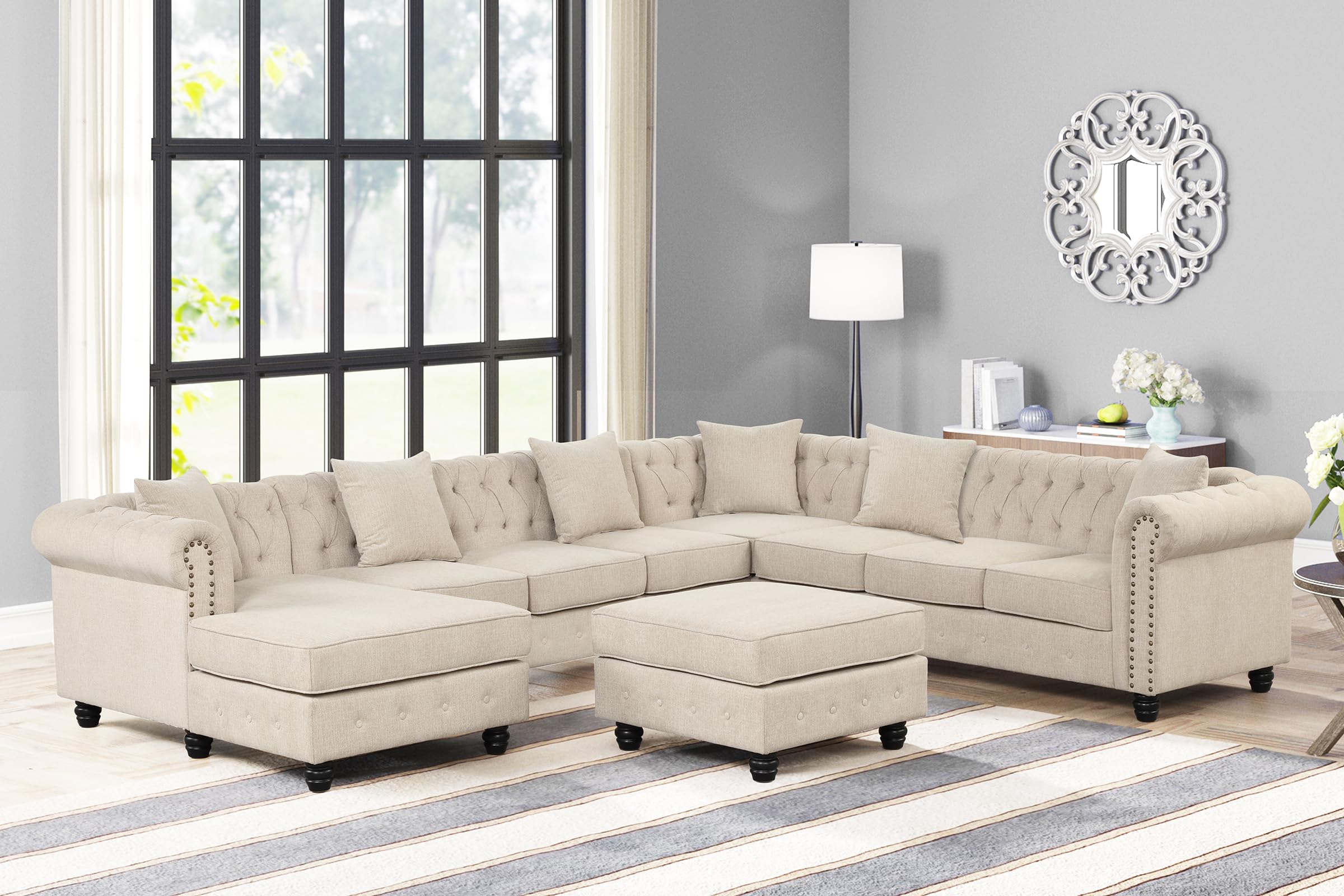 Morden Fort Chesterfield Modular Convertible Sectional U-Shape Polyester Fabric Sofa with Chaise Accent Tufted Couch for Living Room Furniture Set