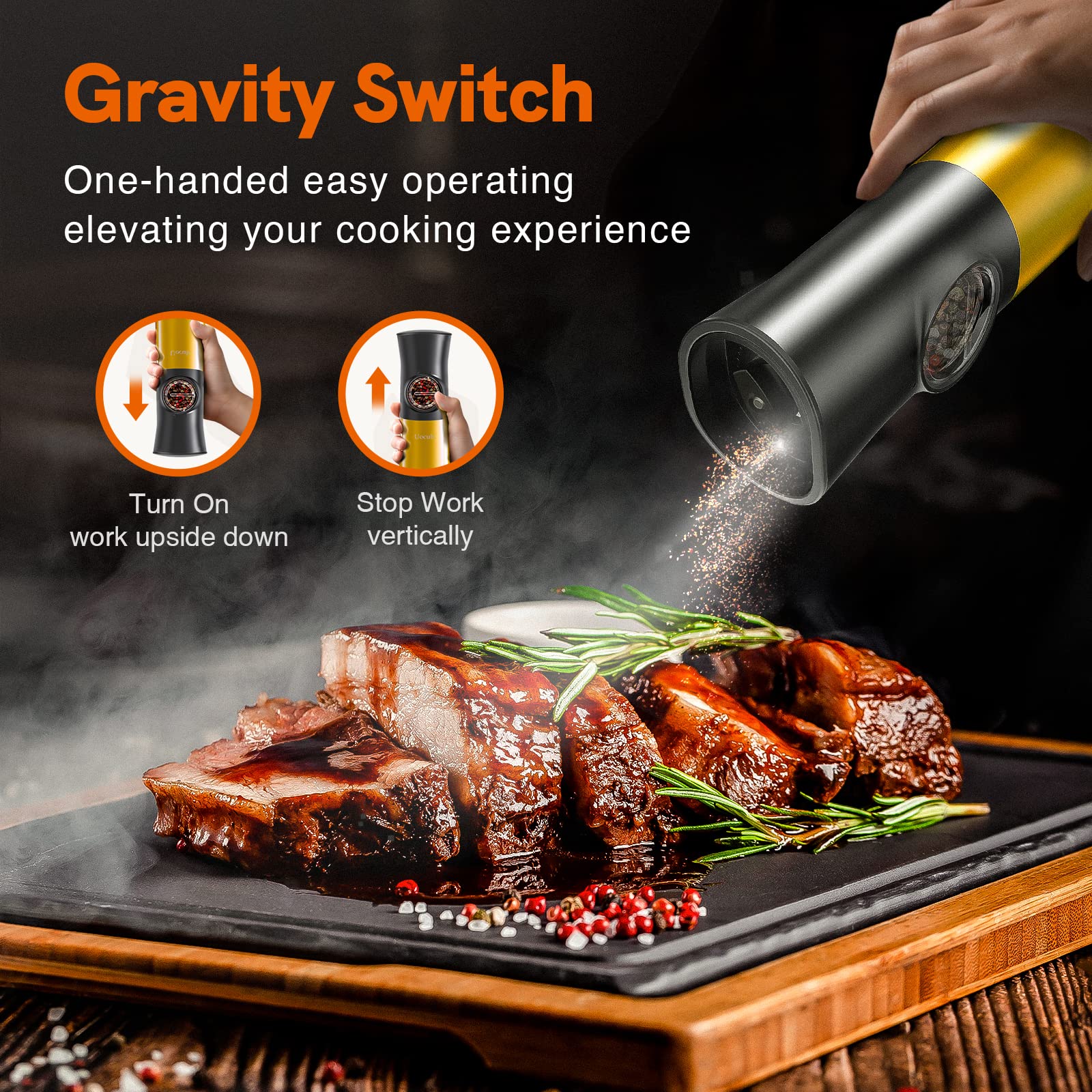 Gravity Electric Salt and Pepper Grinder Set - USB Rechargeable，Automatic Salt Pepper Mill with 5 Adjustable Coarseness, Ceramic Grinder with Bottom Cap, White LED Lights