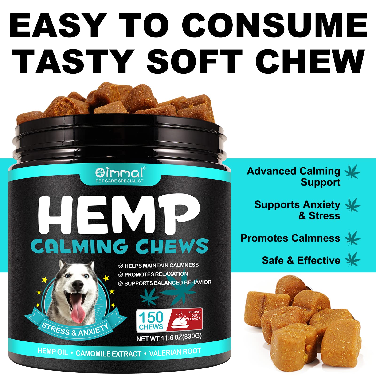 Bieyoc Calming Chews for Dogs 150PCS, Natural Ingredients Calming Treats for Dog Anxiety Relief, Hemp Calming Chews for Dogs Separation, Barking, Thunderstorms, Dog Calming Chews with Melatonin