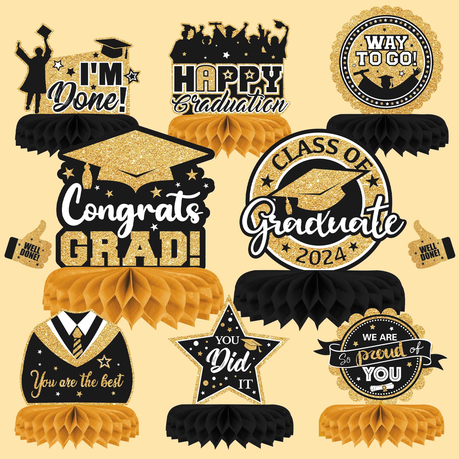 8 Pieces Class of 2024 Graduation Table Decorations - 2024 Congrats Grad Honeycomb Centerpieces, Graduation Table Toppers Decor for 2024 Graduation Party Decorations Favor Supplies (Black and Gold)