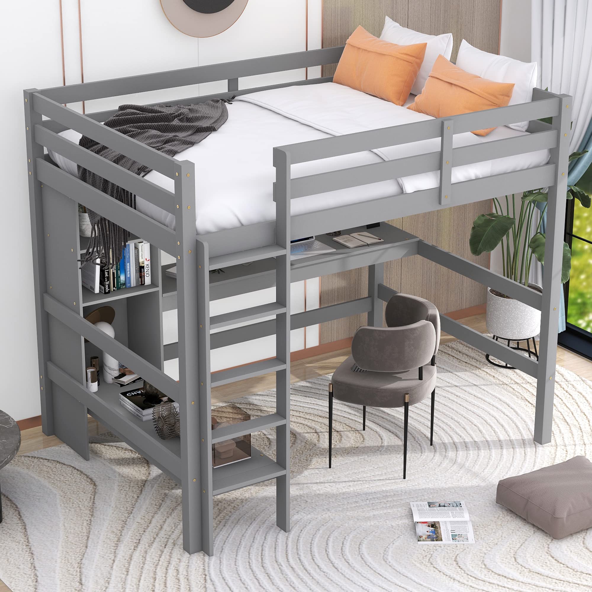 Harper & Bright Designs Full Loft Bed with Desk and Storage Shelves, Wood Full Size Loft Bed with Desk Underneath, High Loft Bed Full with Slat Support for Kids, Boys,Girls,Teens, Grey