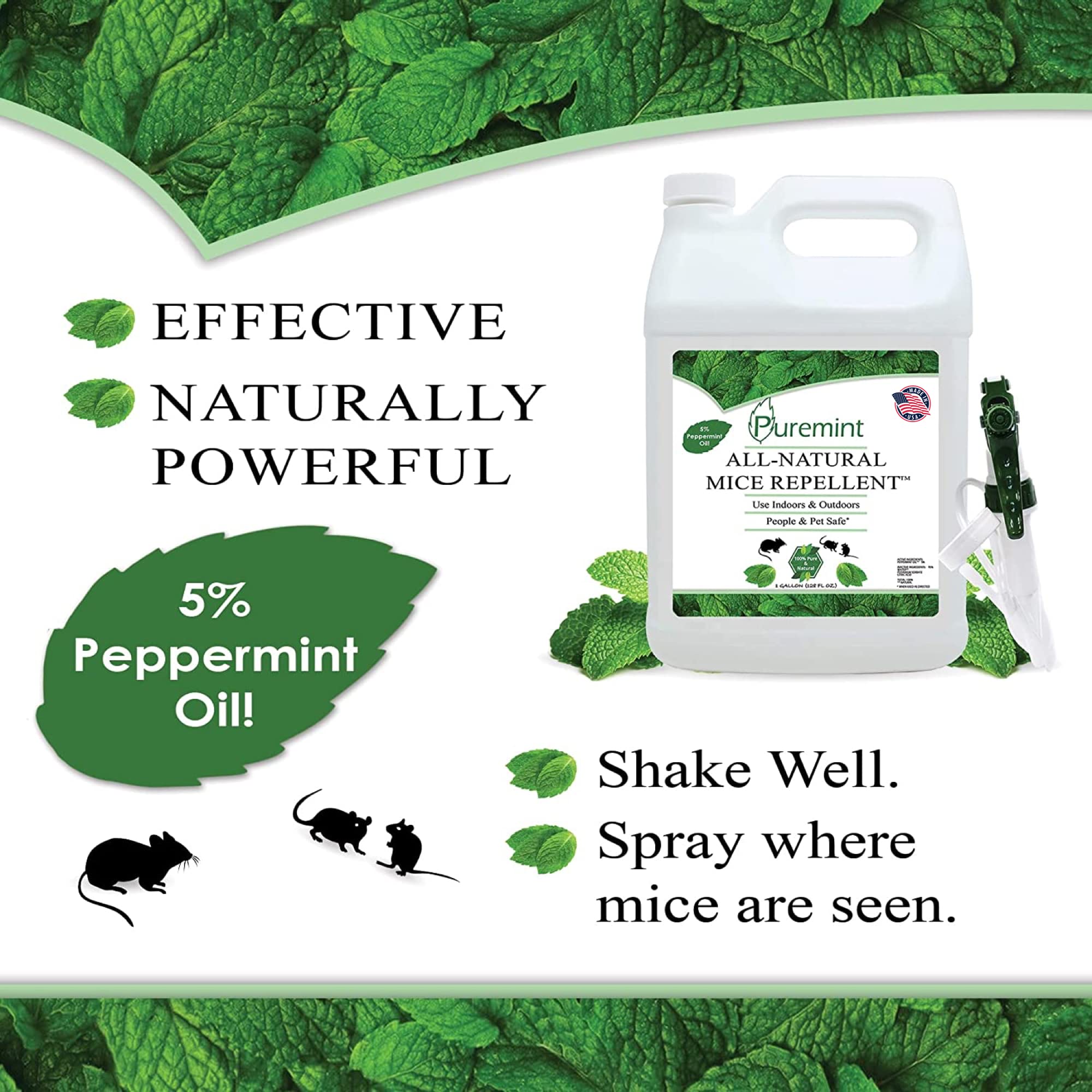 Puremint Mice Repellent, Natural 5% Peppermint Oil Spray for Mice, Mouse, Rats & Rodents, Pest Control Spray for Home, Garden, Indoor & Outdoor Use, 128 fl oz