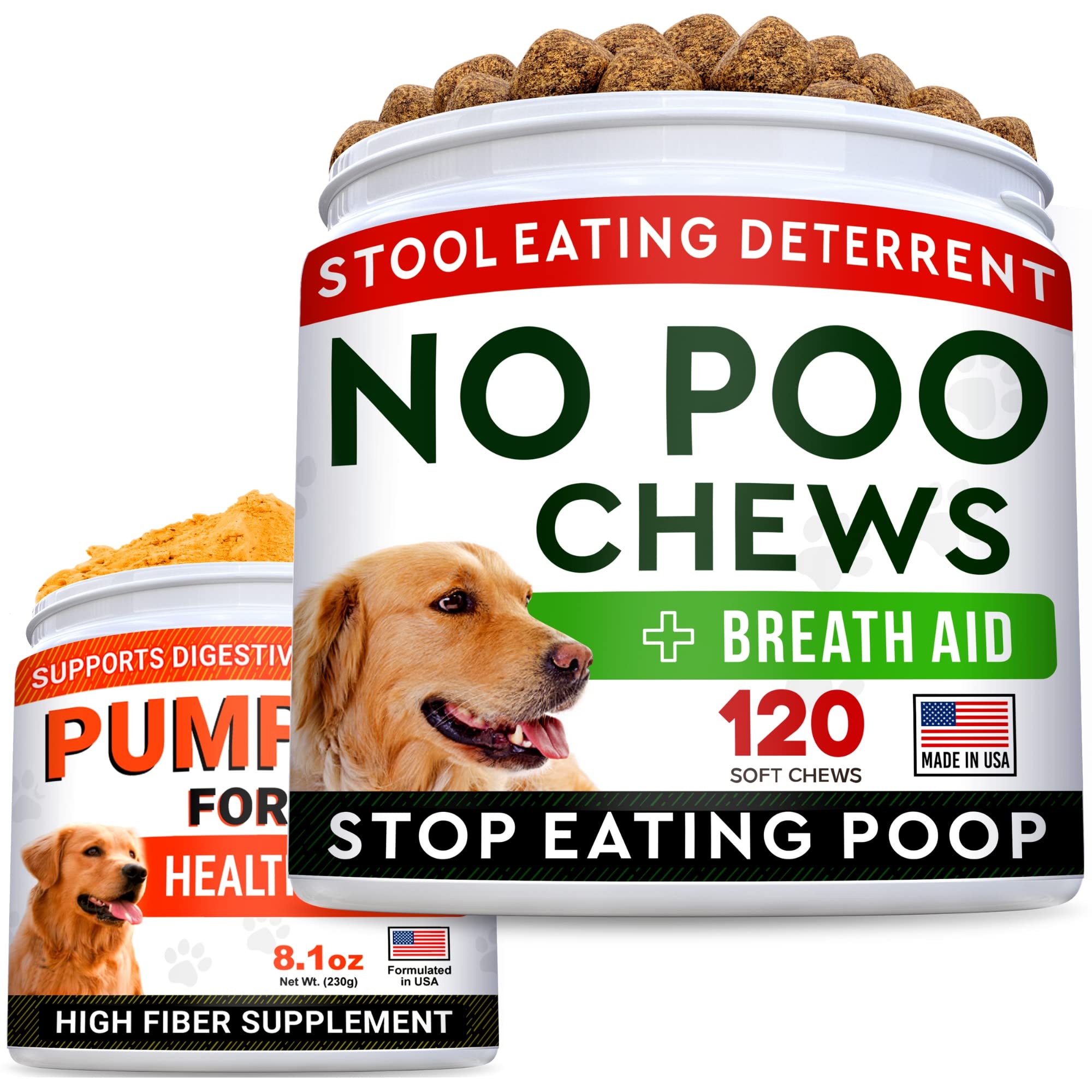 No Poo + Pumpkin for Dogs Bundle - Coprophagia Stool Eating Deterrent + Upset Stomach - Probiotics&Digestive Enzymes + Pure Pumpkin Powder - Stop Eating Poop + Digestion - 120ct + 8.1oz - Made in USA