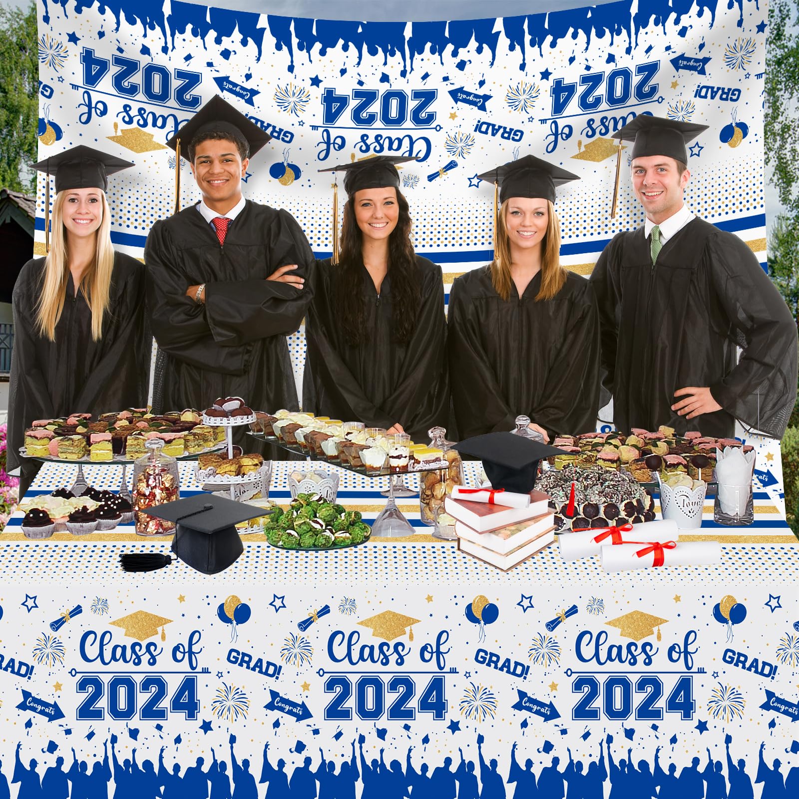 Graduation Decorations Class of 2024 Tablecloth - 3 Pcs Plastic Congrats Grad Table Cloth, Graduation Table Cover for Graduation Party Decorations 2024 and Party Supplies, 54"x108" (Blue and Gold)