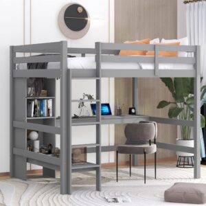 harper & bright designs full loft bed with desk and storage shelves, wood full size loft bed with desk underneath, high loft bed full with slat support for kids, boys,girls,teens, grey