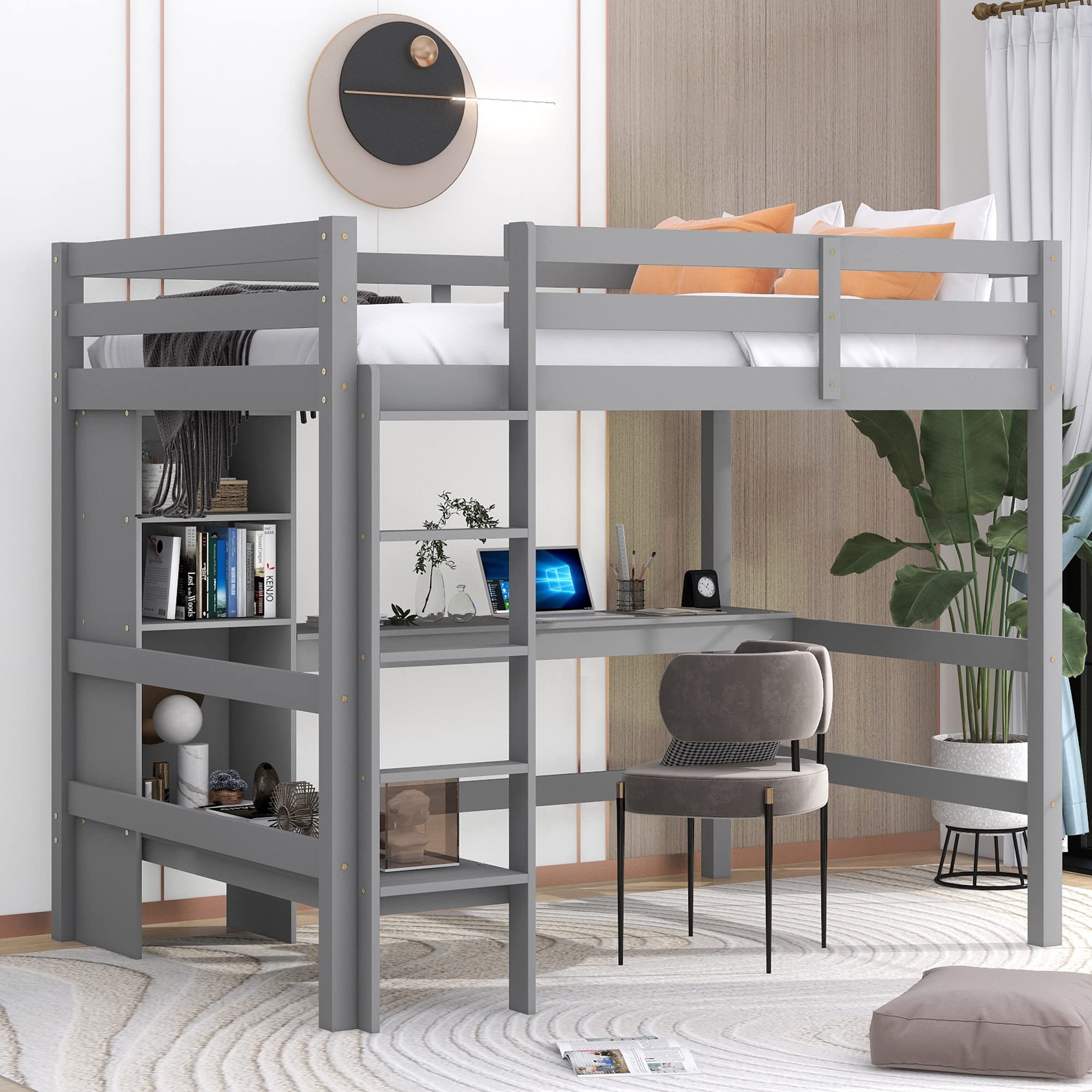 Harper & Bright Designs Full Loft Bed with Desk and Storage Shelves, Wood Full Size Loft Bed with Desk Underneath, High Loft Bed Full with Slat Support for Kids, Boys,Girls,Teens, Grey