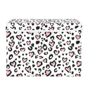 SUABO Leopard Print Pink Heart Storage Bin with Lid Large Oxford Cloth Storage Boxes Foldable Home Cube Baskets Closet Organizers for Nursery Bedroom Office