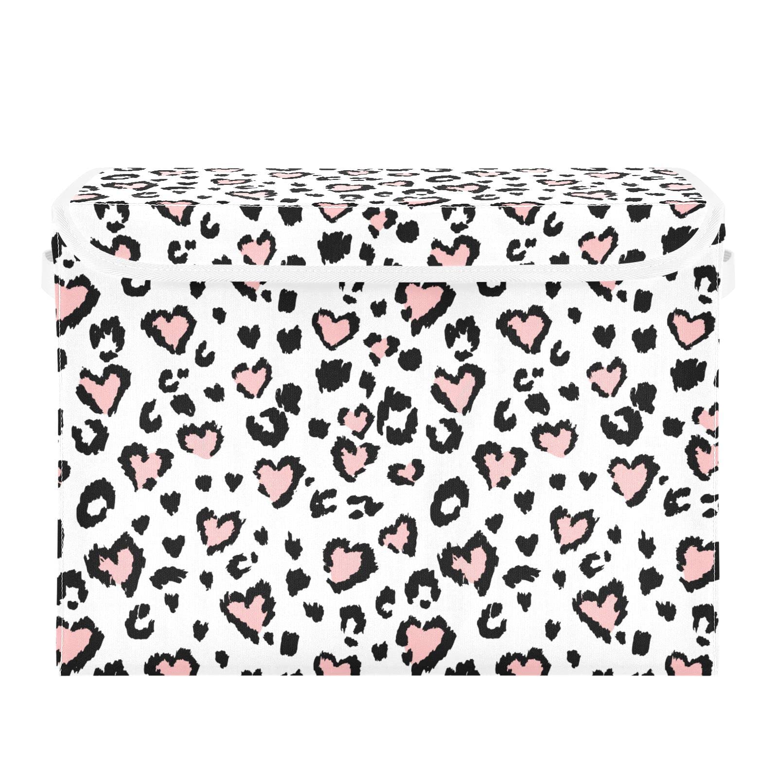 SUABO Leopard Print Pink Heart Storage Bin with Lid Large Oxford Cloth Storage Boxes Foldable Home Cube Baskets Closet Organizers for Nursery Bedroom Office