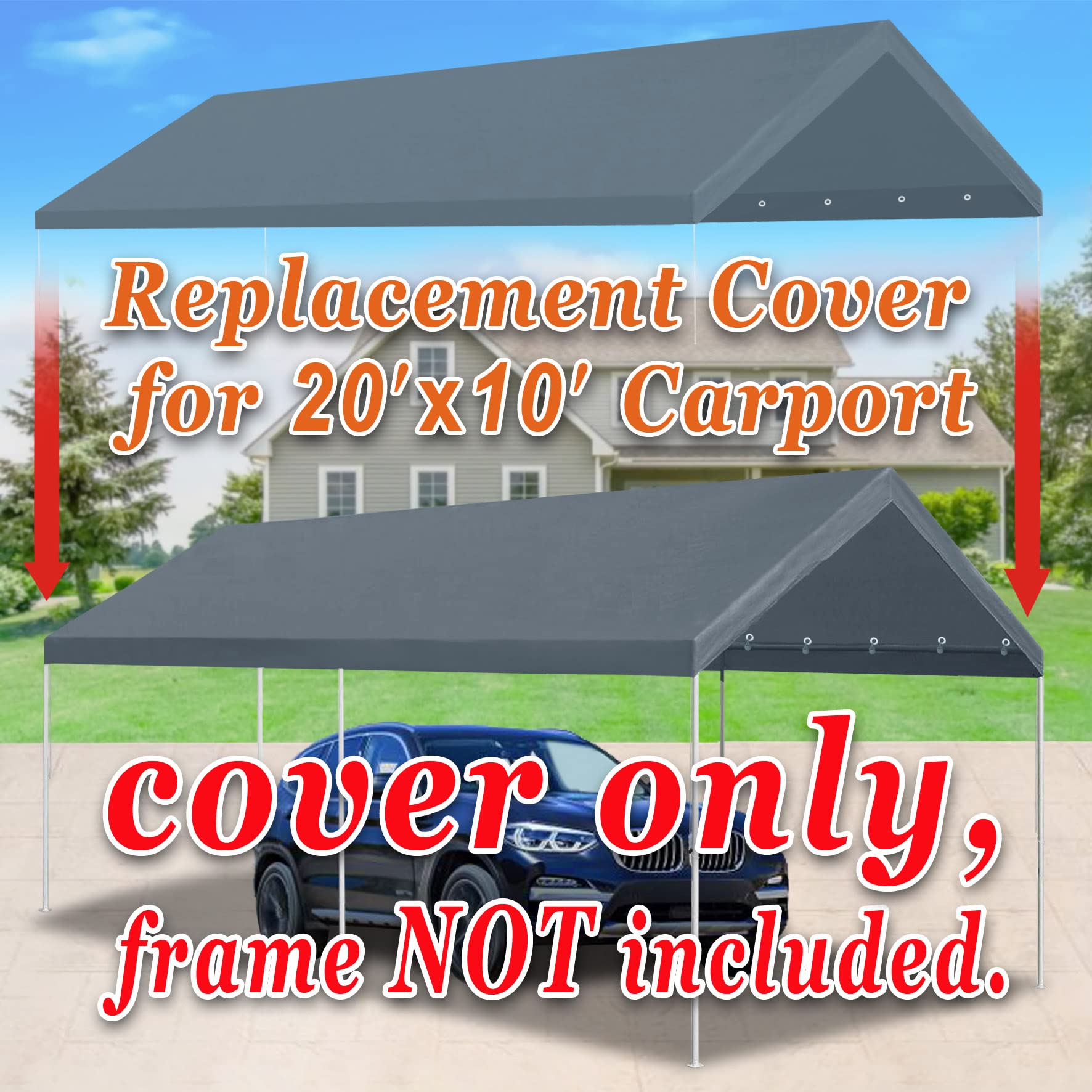 Strong Camel Carport Replacement Canopy Cover 10' x 20' PE Fabric for Tent Car Garage Shelter Top Tarp Cover with Ball Bungees Grey Color (Only Top Cover, Frame is not Included)