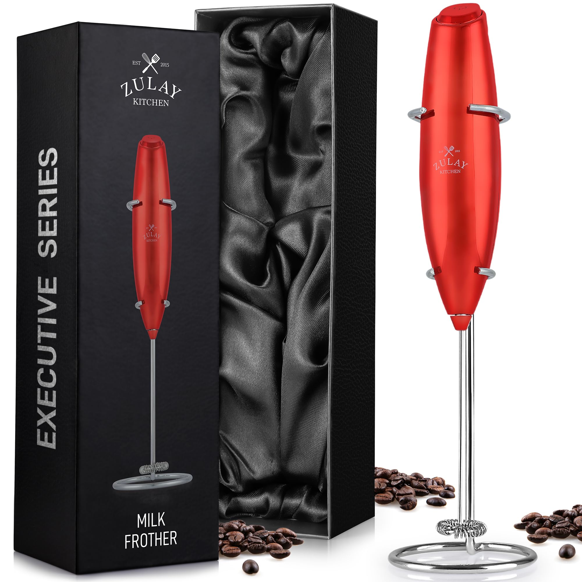 Zulay Executive Series Ultra Premium Gift Milk Frother For Coffee with Deluxe, Radiant Finish - Coffee Frother Handheld Foam Maker - Electric Milk Frother Handheld For Lattes Premium UV Red