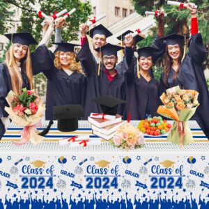 Graduation Decorations Class of 2024 Tablecloth - 3 Pcs Plastic Congrats Grad Table Cloth, Graduation Table Cover for Graduation Party Decorations 2024 and Party Supplies, 54"x108" (Blue and Gold)